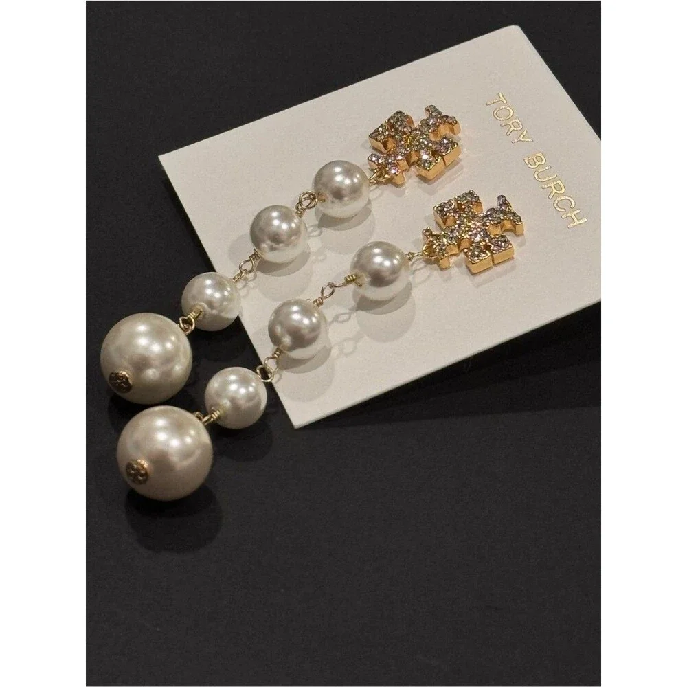 NWT Tory Burch Crystal Double T Logo Graduated Pearl Linear Drop Earrings 3